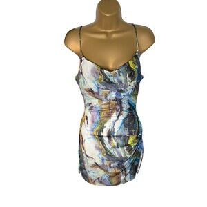 Blanc Clothing Bodycon Mini Dress Abstract Print Cowl Neck Multicolor S